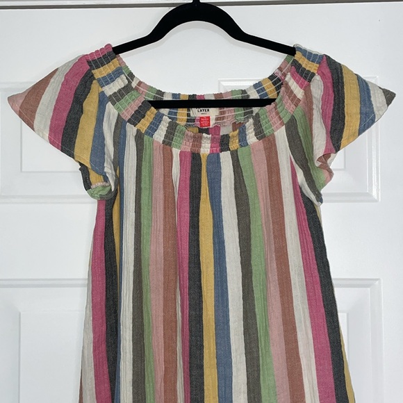 MARINE LAYER Shirley Rainbow Stripe Off Shoulder Ruffle Hem Mini Skirt Dress S - Picture 4 of 9